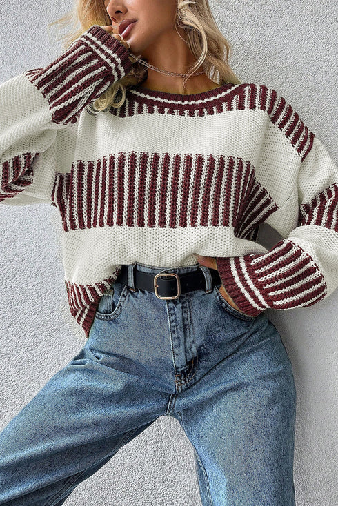 Textured Striped Long Sleeve Crew Neck Sweater