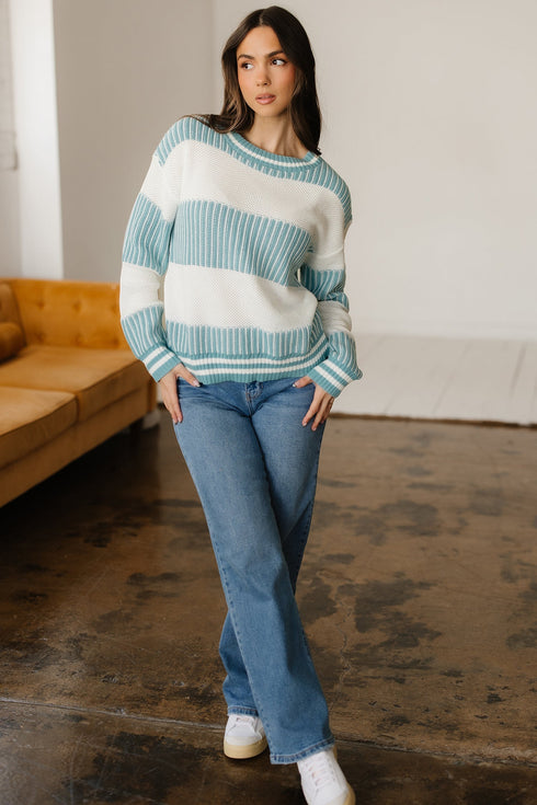 Textured Striped Long Sleeve Crew Neck Sweater