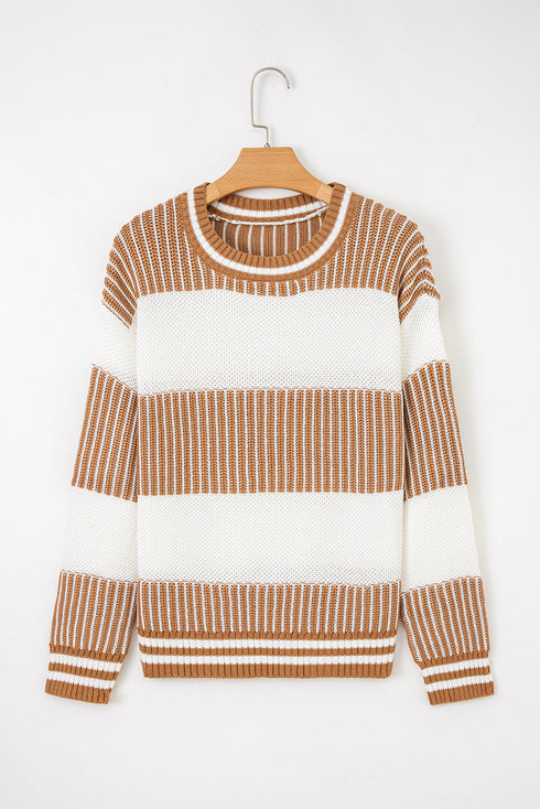 Textured Striped Long Sleeve Crew Neck Sweater