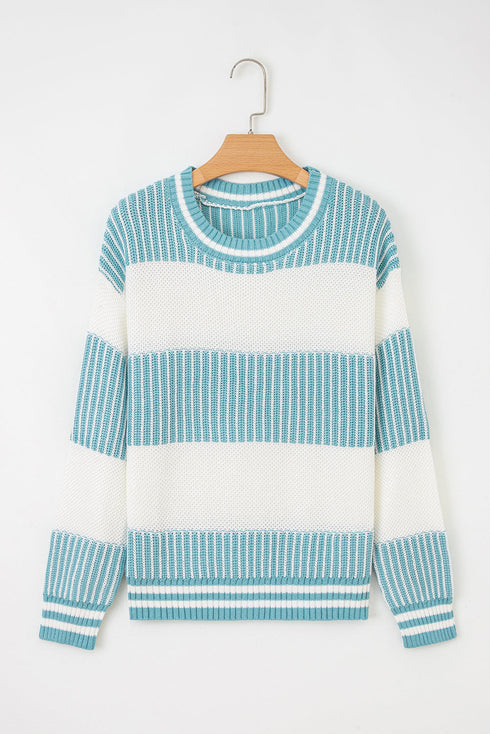 Textured Striped Long Sleeve Crew Neck Sweater