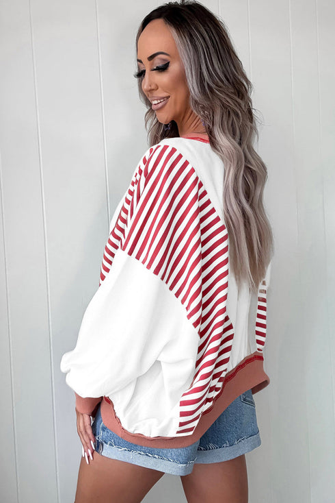Textured Striped Patchwork Seam Detail Pullover Sweatshirt