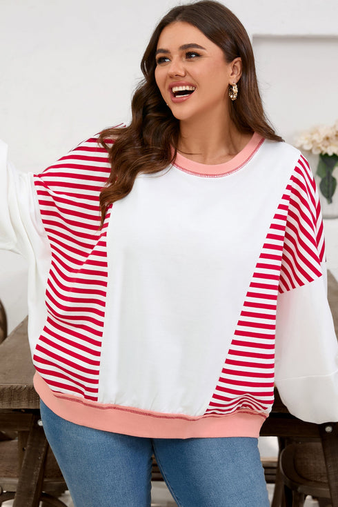 Textured Striped Patchwork Seam Detail Pullover Sweatshirt