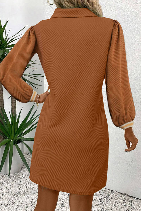 Textured Striped Patchwork Split Neck Long Sleeve Mini Dress