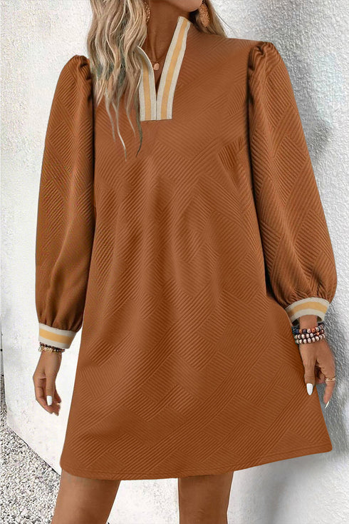 Textured Striped Patchwork Split Neck Long Sleeve Mini Dress
