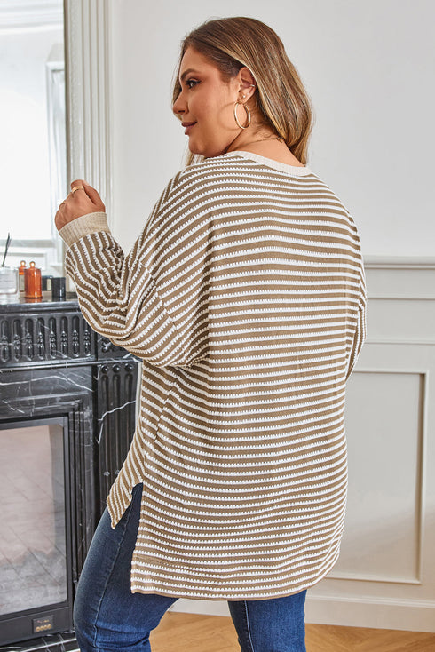 Textured Striped Ribbed Dolman High Low Long Sleeve Top