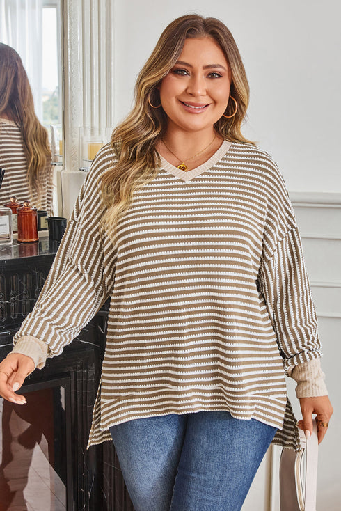 Textured Striped Ribbed Dolman High Low Long Sleeve Top