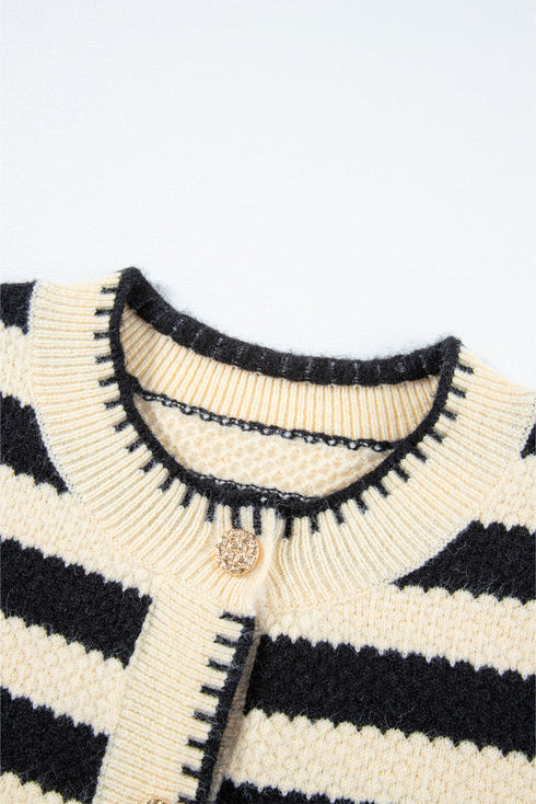 Textured Striped Round Neck Button Front Knit Cardigan