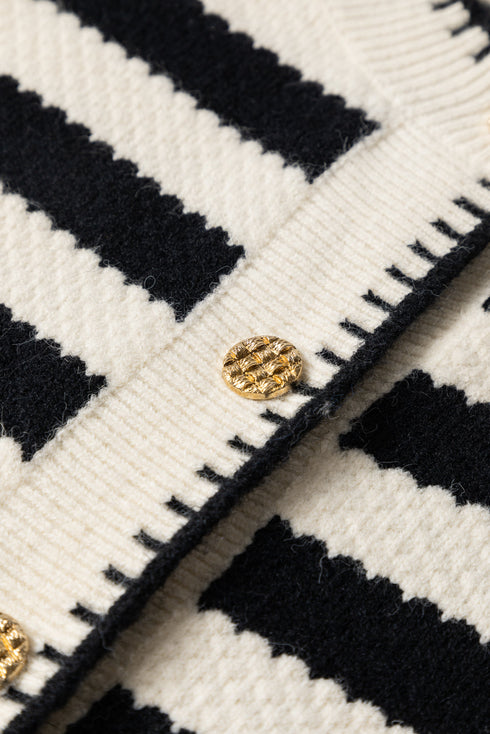 Textured Striped Round Neck Button Front Knit Cardigan