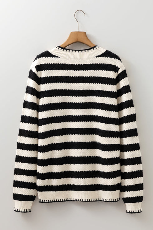 Textured Striped Round Neck Button Front Knit Cardigan