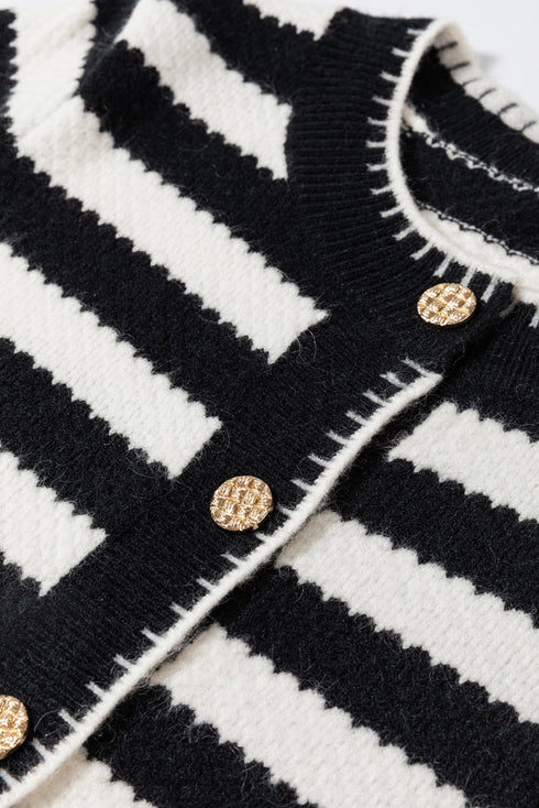 Textured Striped Round Neck Button Front Knit Cardigan