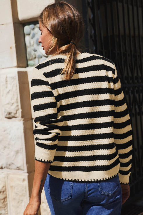 Textured Striped Round Neck Button Front Knit Cardigan
