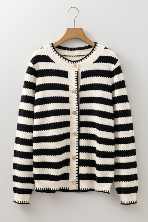 Textured Striped Round Neck Button Front Knit Cardigan
