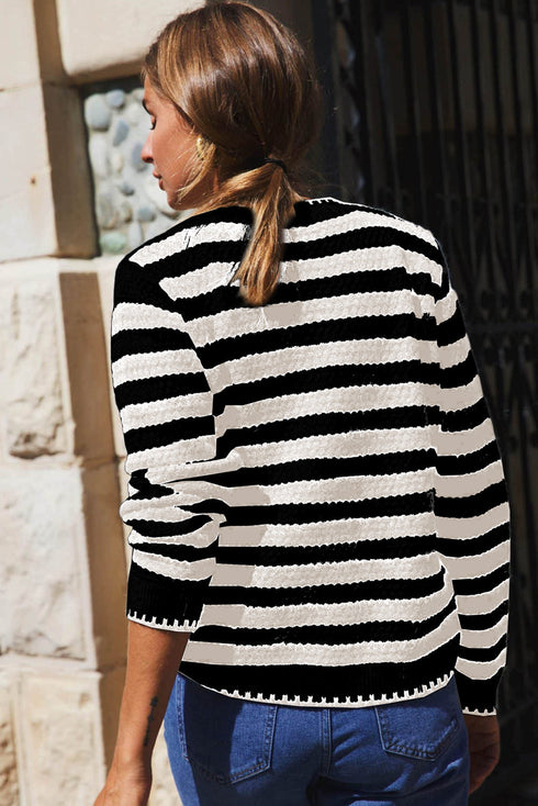 Textured Striped Round Neck Button Front Knit Cardigan