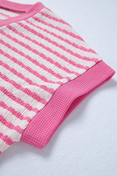 Textured Striped Short Sleeve Banded Hem Top