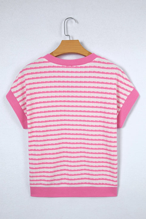 Textured Striped Short Sleeve Banded Hem Top