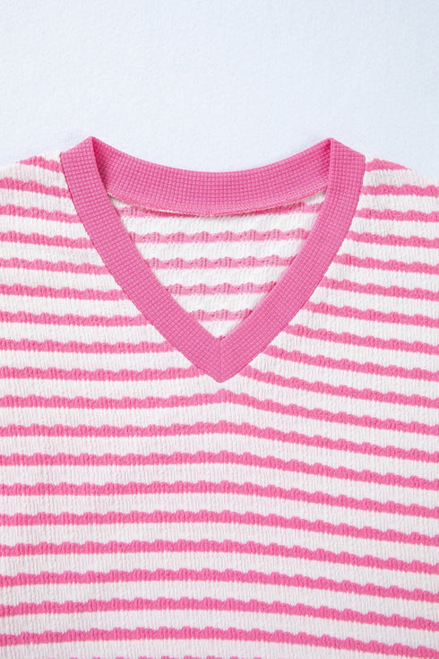Textured Striped Short Sleeve Banded Hem Top