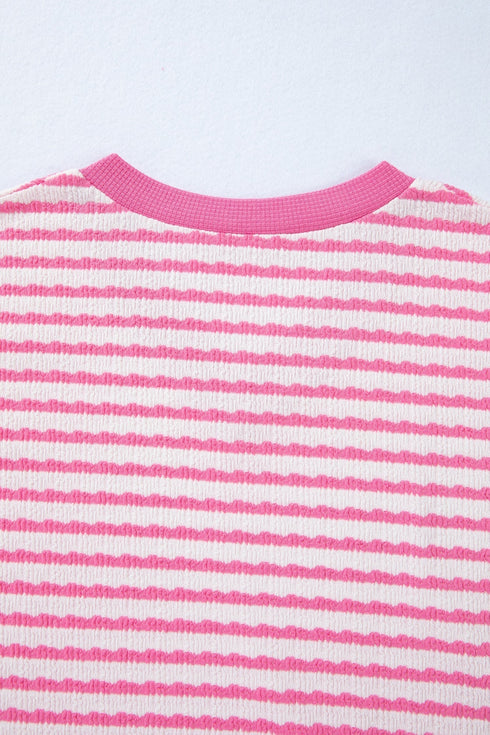 Textured Striped Short Sleeve Banded Hem Top