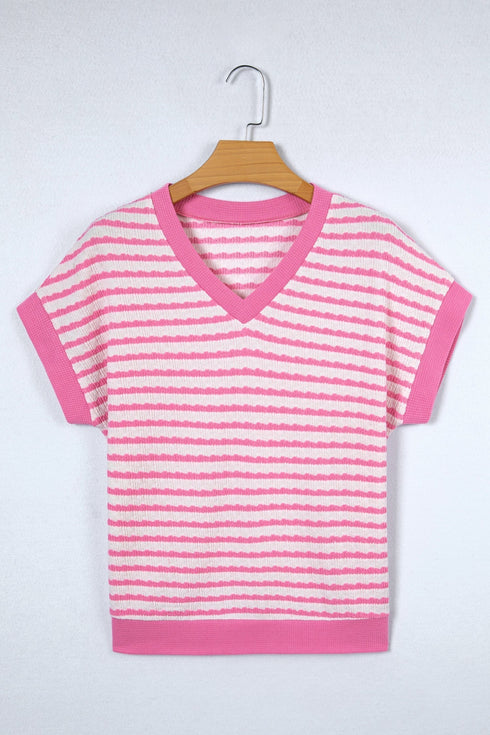 Textured Striped Short Sleeve Banded Hem Top