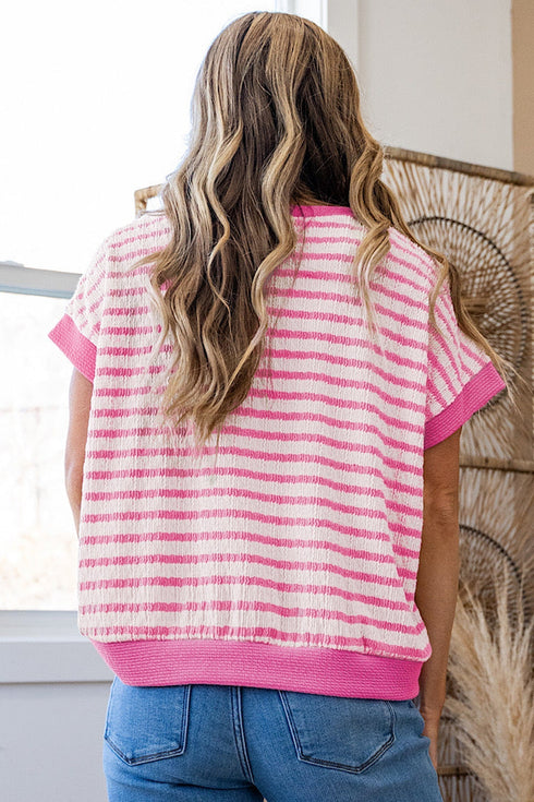 Textured Striped Short Sleeve Banded Hem Top
