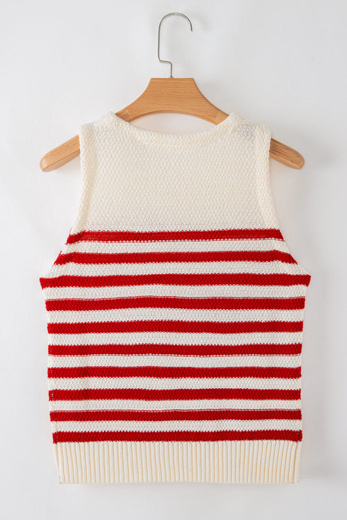 Textured Striped Sleeveless Crew Neck Knit Top