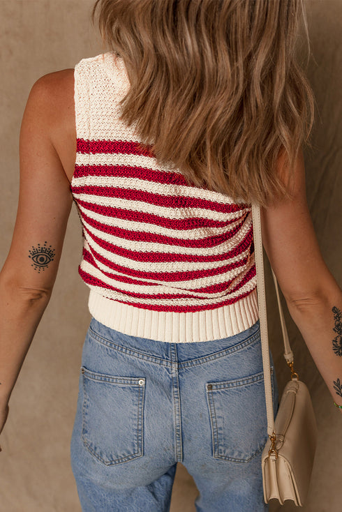 Textured Striped Sleeveless Crew Neck Knit Top