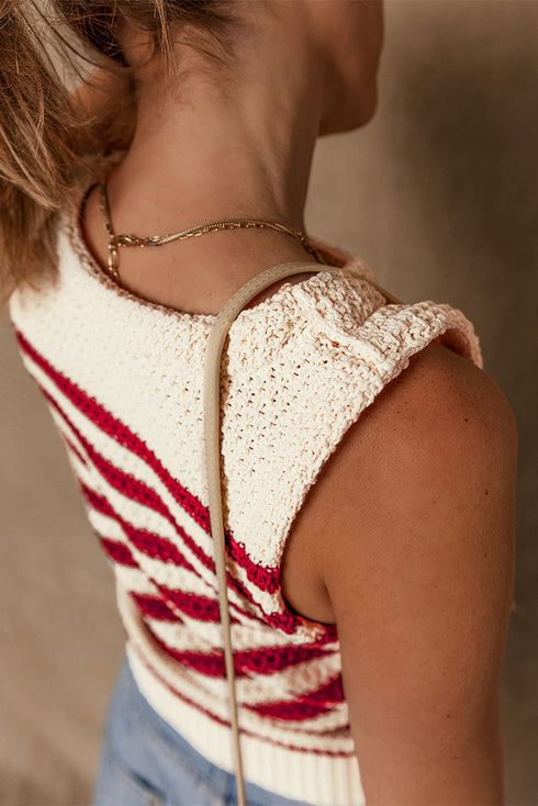 Textured Striped Sleeveless Crew Neck Knit Top
