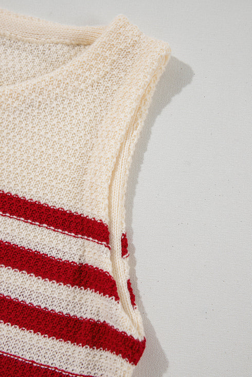 Textured Striped Sleeveless Crew Neck Knit Top