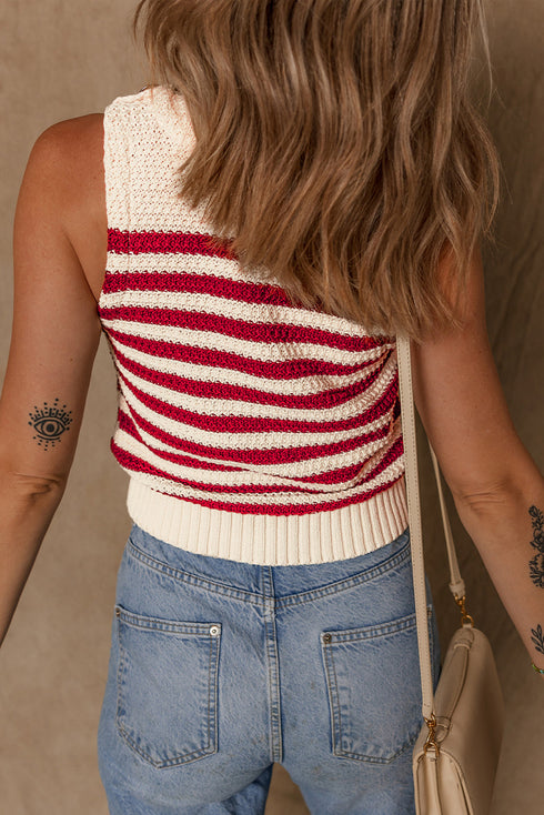Textured Striped Sleeveless Crew Neck Knit Top