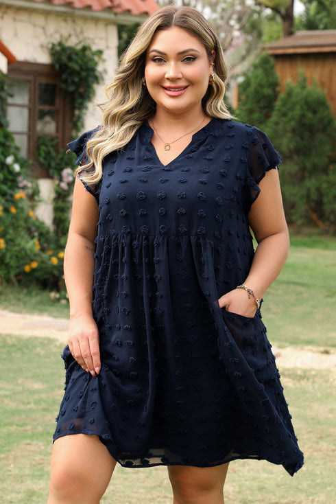 Textured Swiss Dot Notched Neck Ruffled Mini Dress