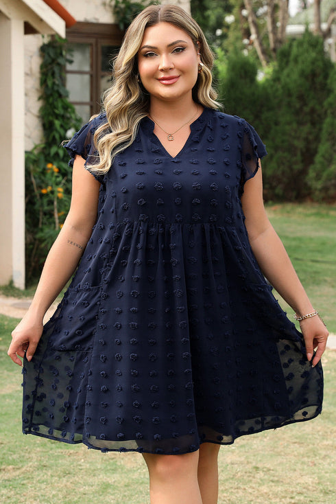 Textured Swiss Dot Notched Neck Ruffled Mini Dress