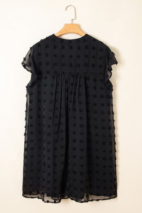 Textured Swiss Dot Notched Neck Ruffled Mini Dress