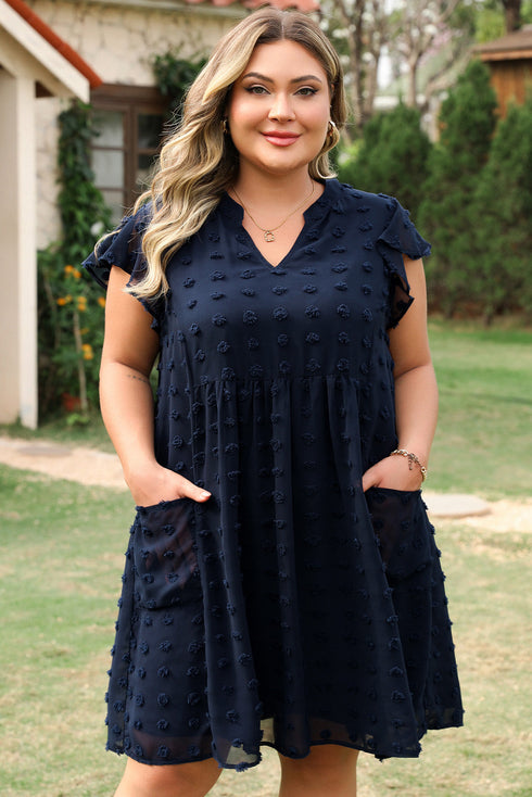 Textured Swiss Dot Notched Neck Ruffled Mini Dress