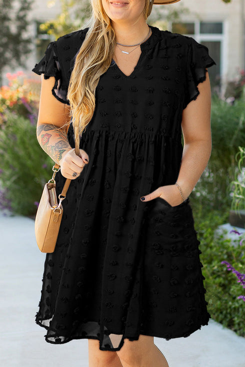 Textured Swiss Dot Notched Neck Ruffled Mini Dress