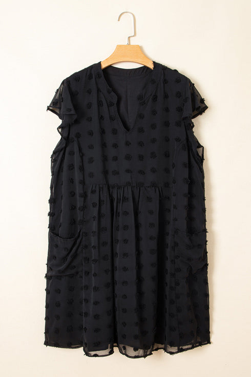 Textured Swiss Dot Notched Neck Ruffled Mini Dress