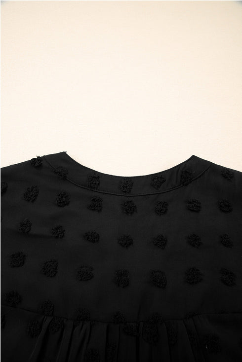 Textured Swiss Dot Notched Neck Ruffled Mini Dress
