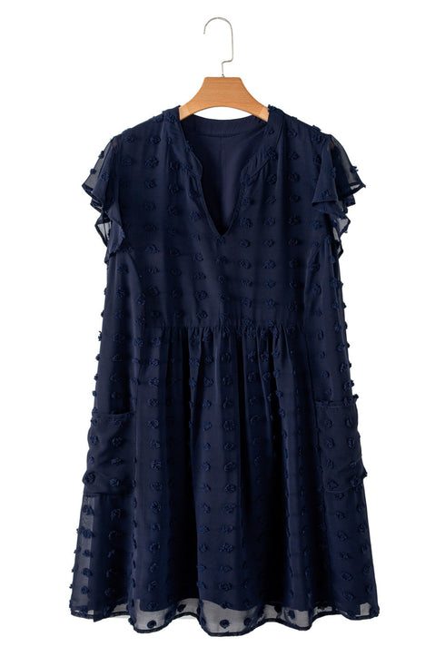 Textured Swiss Dot Notched Neck Ruffled Mini Dress