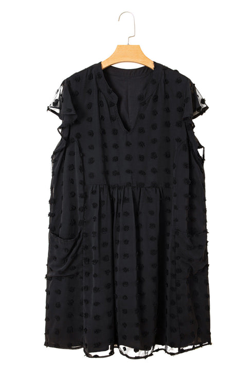 Textured Swiss Dot Notched Neck Ruffled Mini Dress