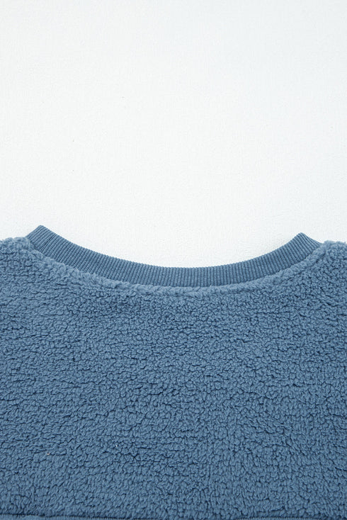 Textured Teddy Fleece Balloon Sleeve Crew Neck Pullover