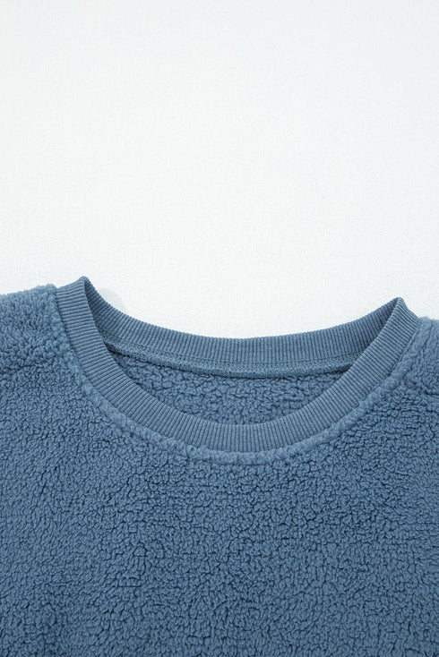 Textured Teddy Fleece Balloon Sleeve Crew Neck Pullover