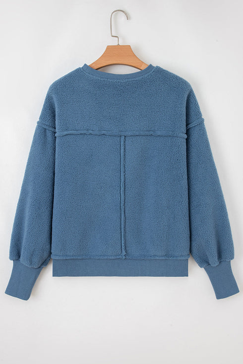 Textured Teddy Fleece Balloon Sleeve Crew Neck Pullover