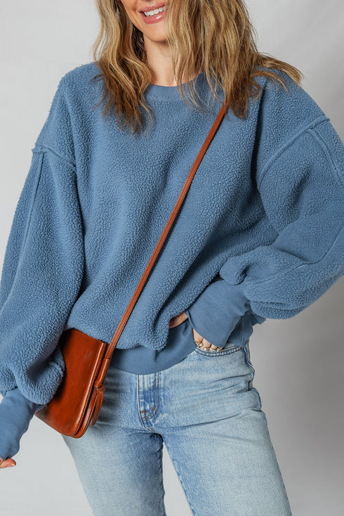 Textured Teddy Fleece Balloon Sleeve Crew Neck Pullover