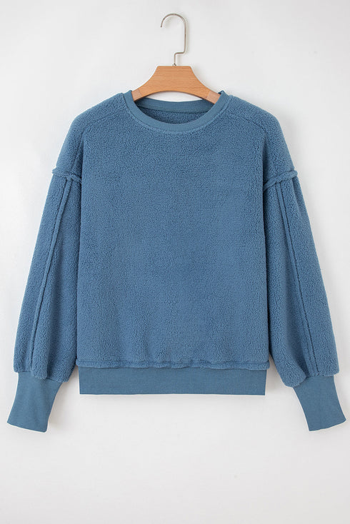 Textured Teddy Fleece Balloon Sleeve Crew Neck Pullover