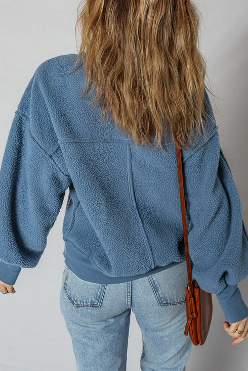 Textured Teddy Fleece Balloon Sleeve Crew Neck Pullover