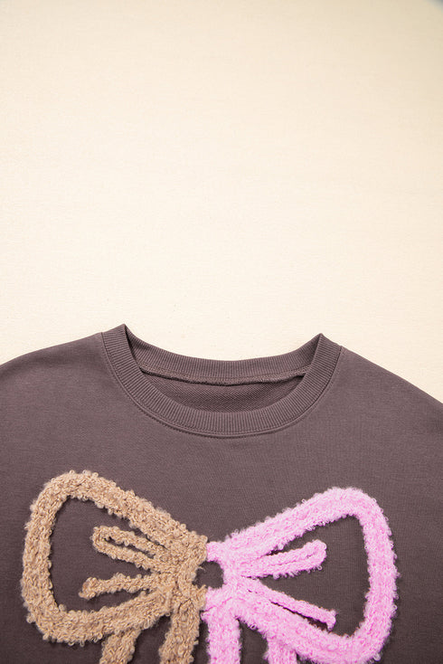 Textured Terry Cloth Color Block Bow Graphic Pullover Sweatshirt