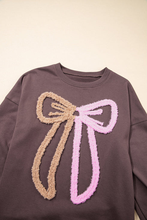 Textured Terry Cloth Color Block Bow Graphic Pullover Sweatshirt