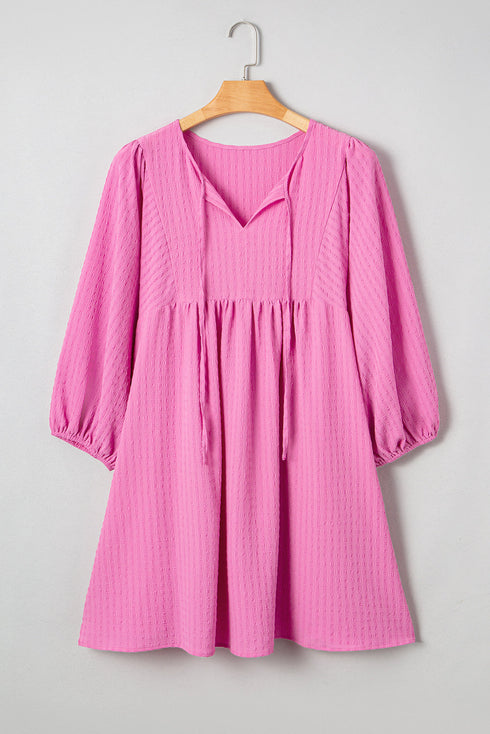 Textured Tie Split Neck Puff Sleeve Flowy Mini Dress