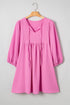 Textured Tie Split Neck Puff Sleeve Flowy Mini Dress