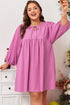 Textured Tie Split Neck Puff Sleeve Flowy Mini Dress