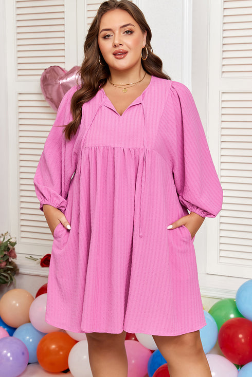 Textured Tie Split Neck Puff Sleeve Flowy Mini Dress