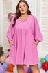 Textured Tie Split Neck Puff Sleeve Flowy Mini Dress